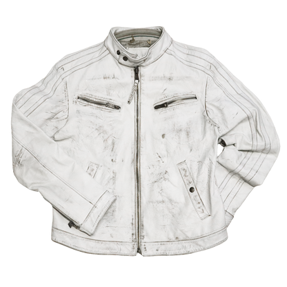 Veste en cuir blanc patinée - Style motarde - L
