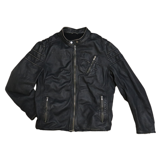 Veste en cuir noir patinée - Style motarde - XL