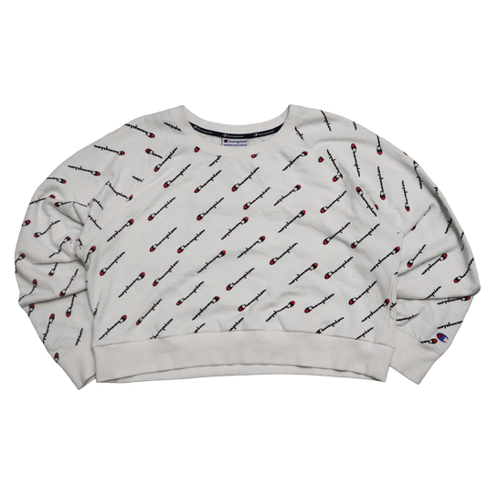 Pull Champion - Croptop Upcyclé - S - Blanc à motif